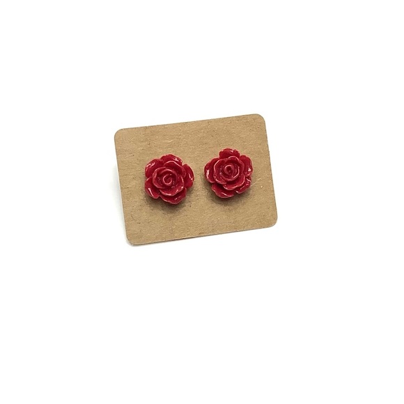 Red Rose Shaped Flower Stud Earrings - Picture 7 of 8